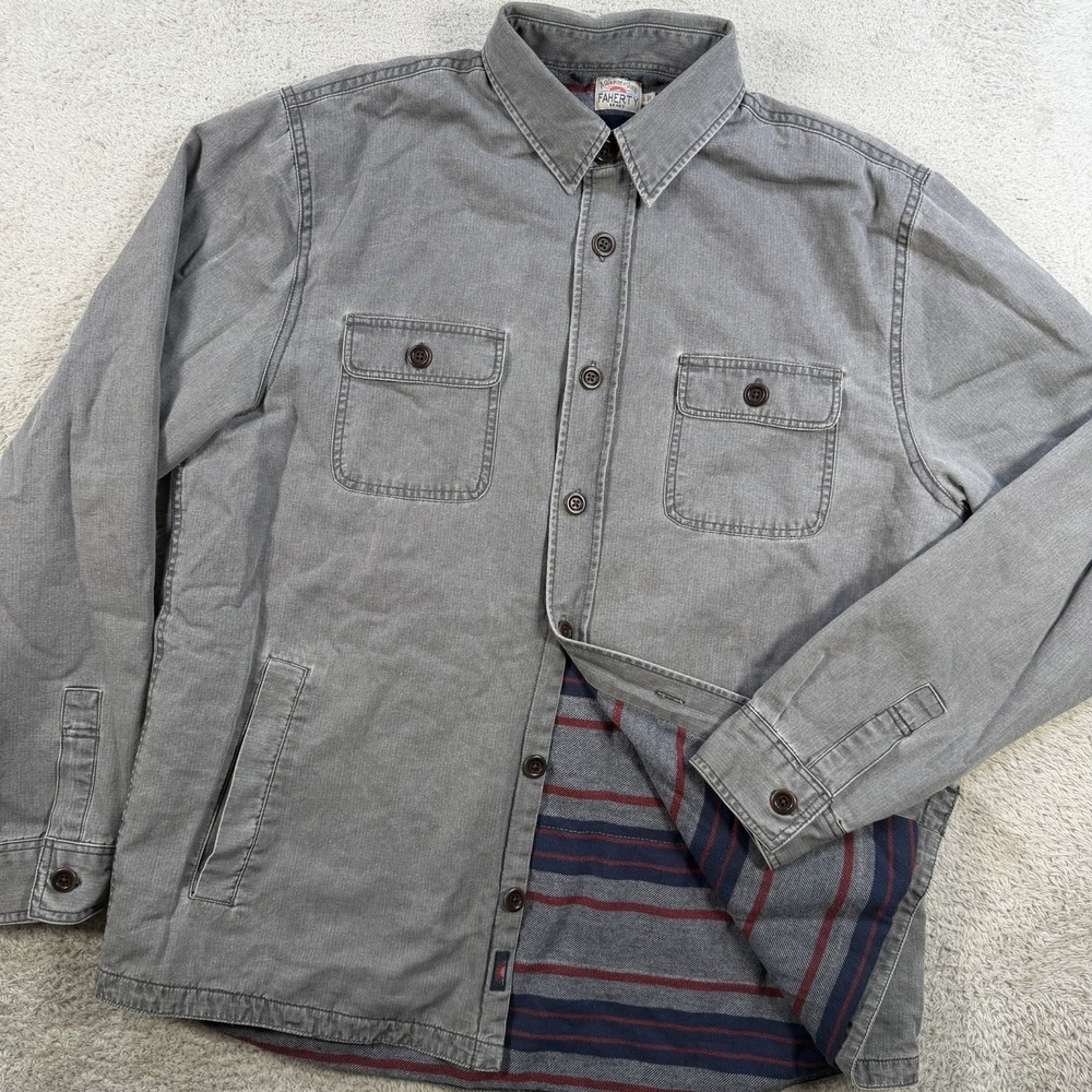 Faherty Shirt Jacket Mens Large Grey CPO Washed Blanket Lined Shacket Button Up